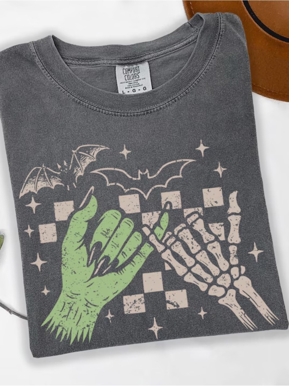 Comfort Colors Pepper Graphic Tee with Green & Cream Halloween Hands